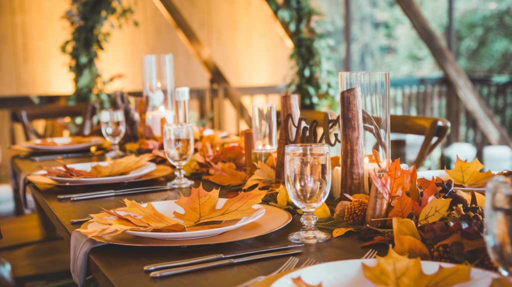 A wedding table with fall-themed décor, featuring personalized golden autumn leaves as place settings, paired with wooden accents and rustic centerpieces.