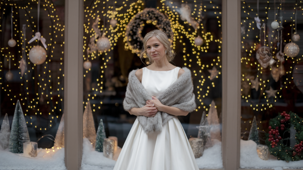 A bride in a simple, elegant gown with a faux fur shawl draped over her shoulders, standing in front of a snowy window display with twinkling holiday lights.