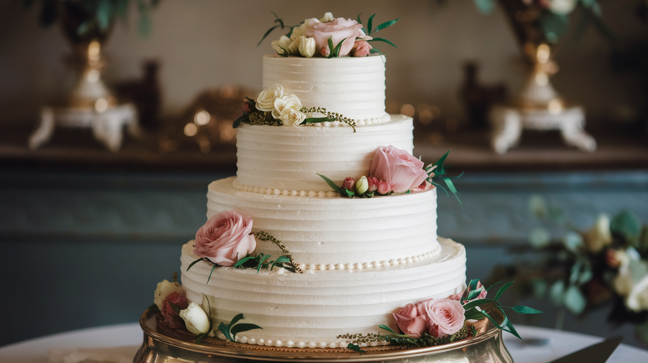 beautiful wedding cake with pink roses and icing beads