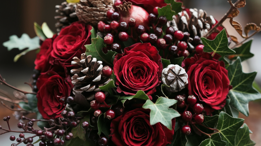 A bouquet featuring deep red roses, clusters of dark berries, small pomegranates, and pinecones, with foraged greenery like ivy and acorn stems for a natural, organic look.