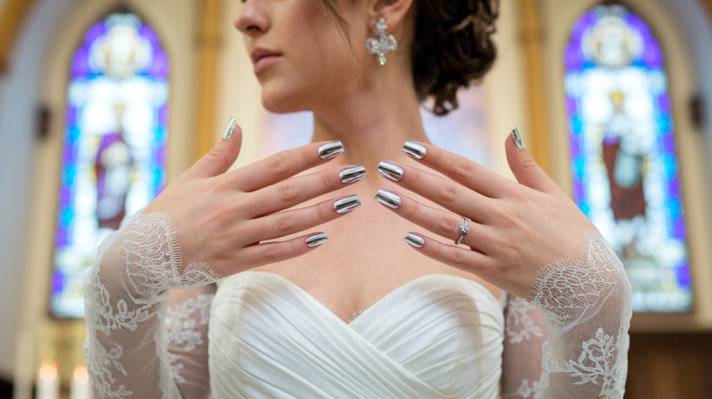 Silver chrome nails with a mirror-like shine, adding a striking, modern edge to a bridal look.