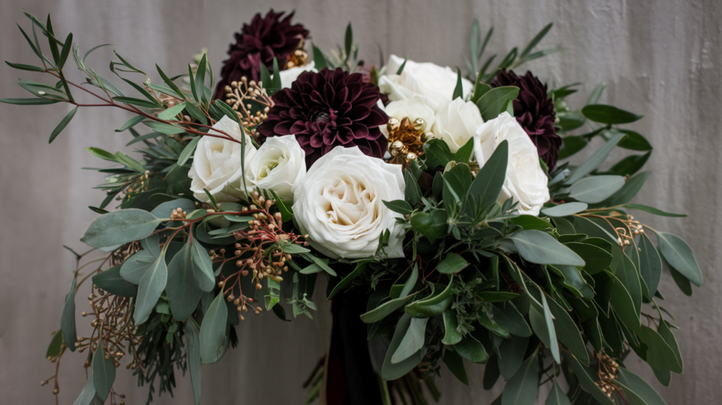 An asymmetrical wedding bouquet with cascading greenery, white garden roses, dark burgundy dahlias, and small golden accents, with some florals extending farther than others to create an organic, free-flowing look.