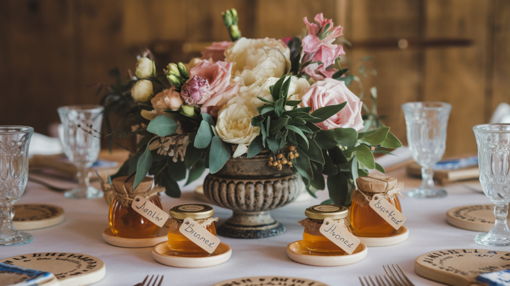 A wedding table featuring personalized mini jars of honey with each guest's name written on a tag, nestled beside handcrafted ceramic coasters with floral centerpieces.