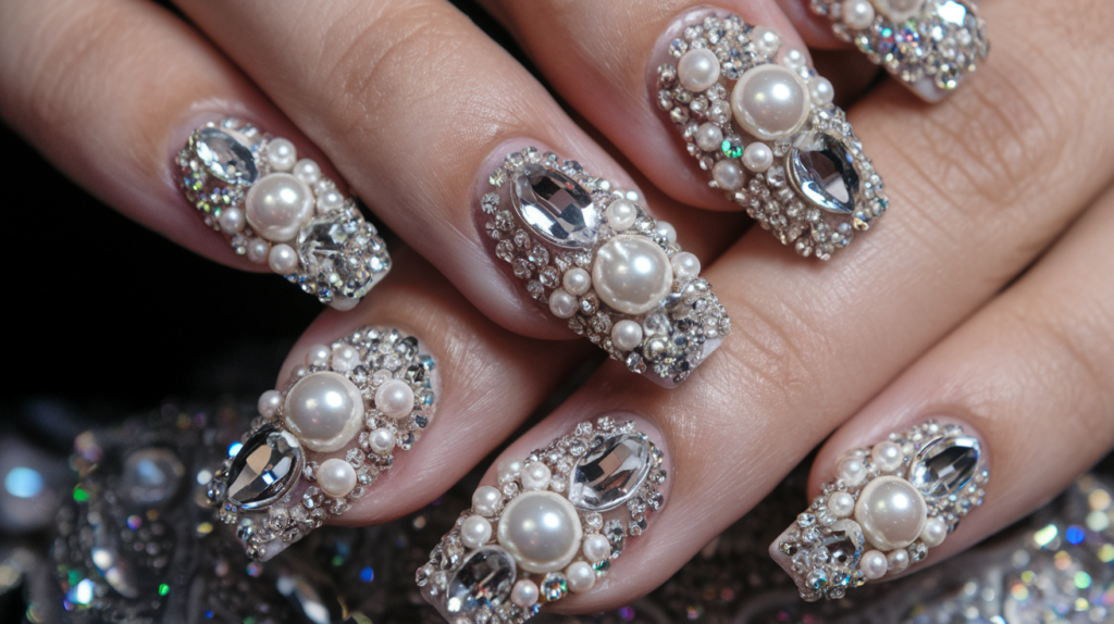 Fully encrusted nails with shimmering crystals and pearls, creating a dazzling, high-impact look.