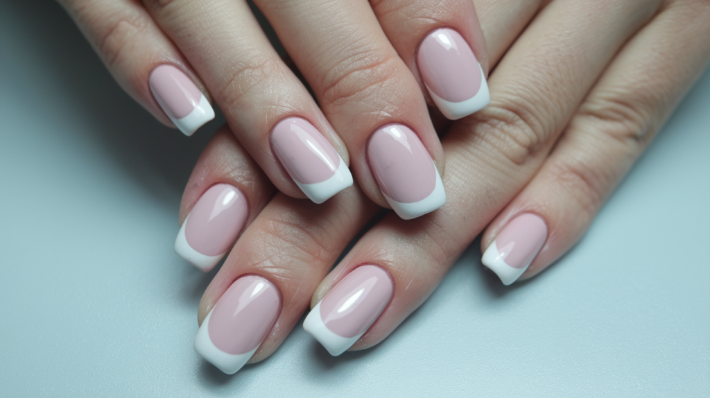 A modern French manicure with soft blush pink tips instead of white, keeping the nails understated and chic.