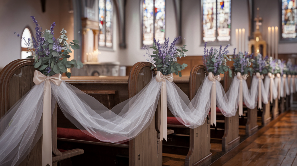 a church interior where each pew is adorned with delicate bouquets of lavender and eucalyptus, tied with satin ribbons. White tulle is draped gracefully from one pew to the next, creating a flowing, ethereal effect across the wedding seating area.