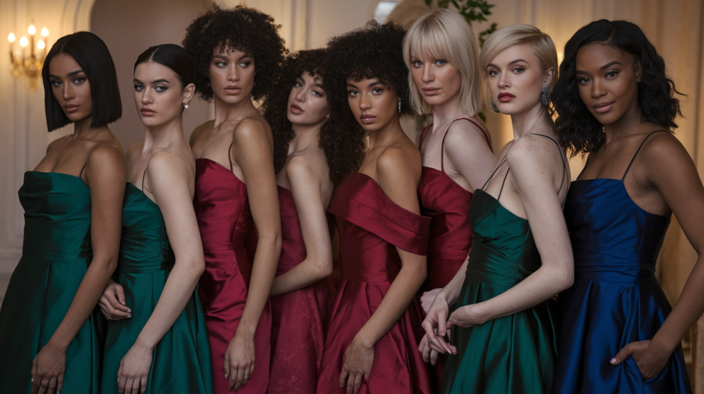 bridesmaids wearing bold greens and red tones