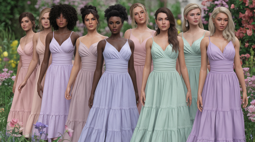 bridesmaids in pastel dresses