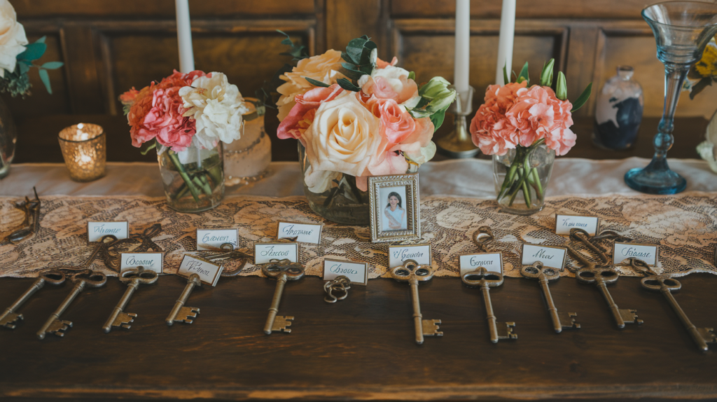 A vintage-themed wedding table featuring antique key place cards with personalized name tags and a small framed photo for each guest.