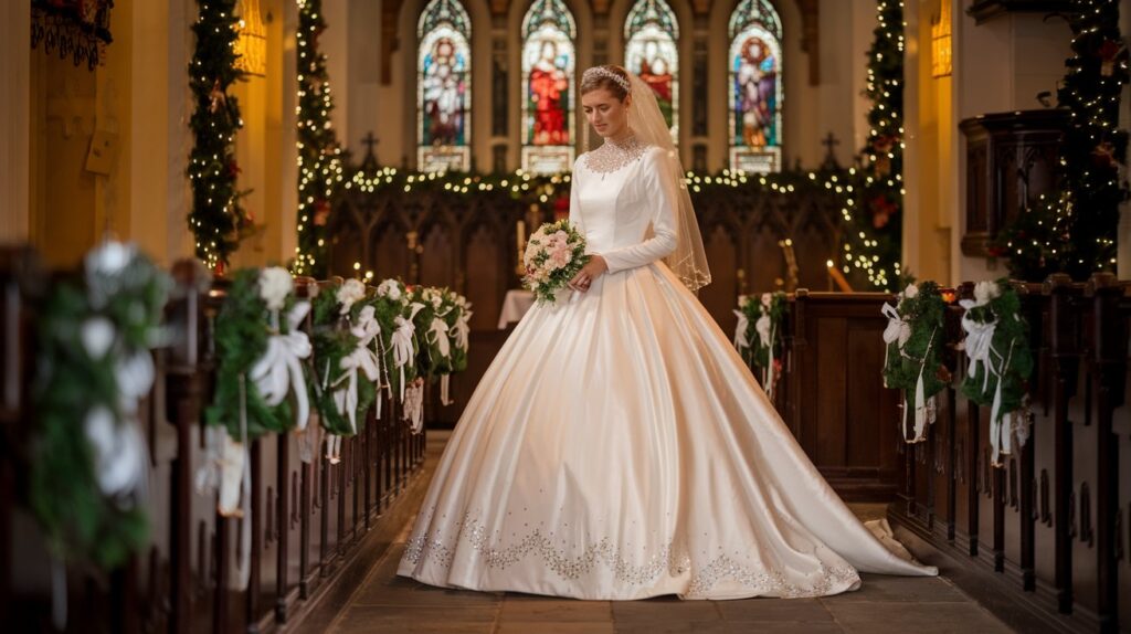 bride in a white satin ball gown adorned with shimmering crystal details along the neckline and hemline, standing in a softly lit church decorated with Christmas greenery.