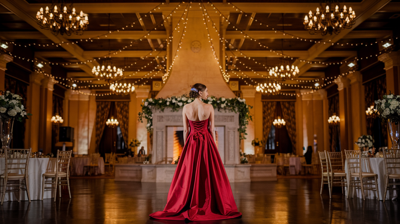 Ballroom decorated with a christmas wedding theme and a bride in a red wedding dress