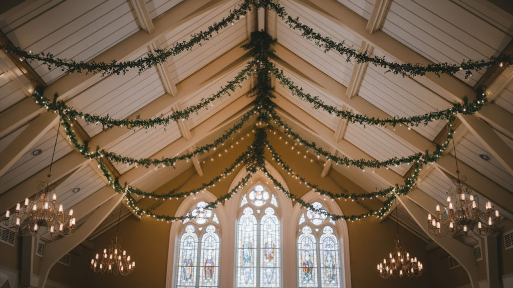 a church ceiling draped with soft, hanging greenery and fairy lights, creating a canopy of twinkling stars overhead. Elegant chandeliers hang from the beams, casting a warm glow, while the intricate stained glass windows are illuminated by the ambient light.