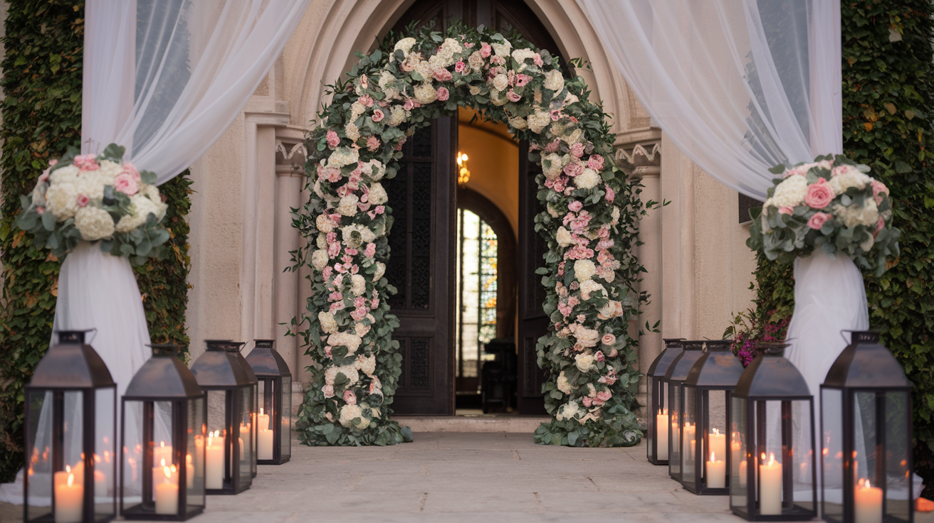 The outside of a church decorated with church wedding decorations