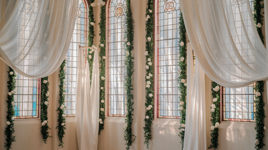 a church with stained glass windows framed by garlands of green ivy and white roses