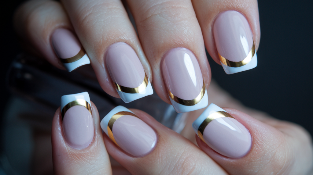 A minimalist French manicure with gold metallic tips, adding a touch of luxury to a classic bridal nail look.