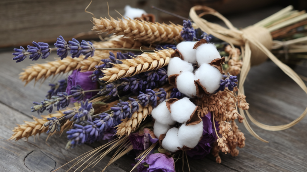 A rustic dried bouquet with lavender sprigs, wheat stalks, cotton blossoms, and small dried roses, tied together with a raffia ribbon for an earthy vibe.