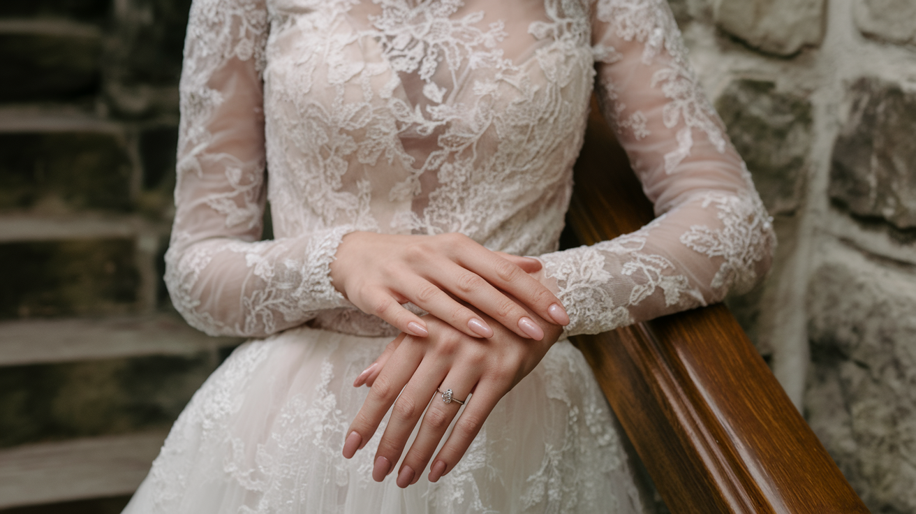 Soft nude nails with a glossy finish, complementing a classic bridal look.