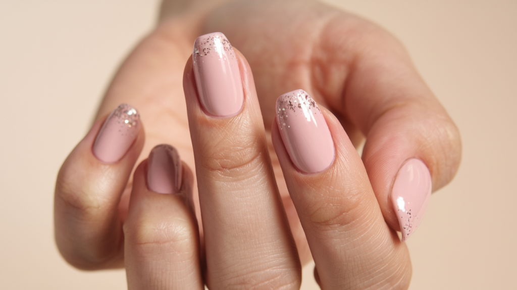 Soft, blush pink nails with a delicate layer of glitter at the tips, creating a subtle but glamorous look.