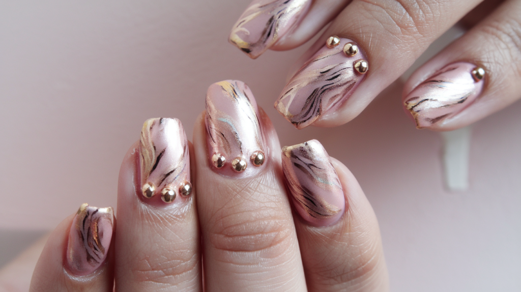 Rose gold marble nails with hints of blush and metallic accents, perfect for adding a touch of warmth and luxury