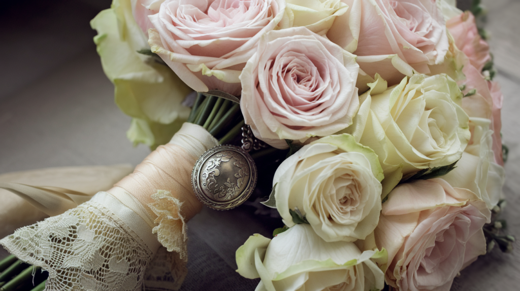 A wedding bouquet featuring blush and ivory roses, with a vintage locket tied around the stems with a ribbon, perhaps with a hint of a sentimental fabric or lace wrapped around the base.