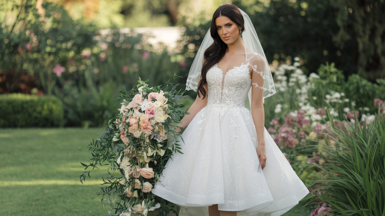 A bride wearing a short wedding dress in white