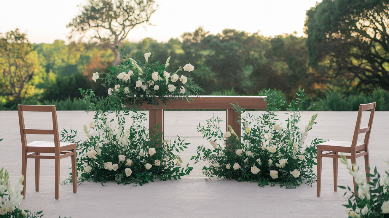 A minimalist wedding altar with a few white flowers and lots of greenery, paired with simple wooden chairs.