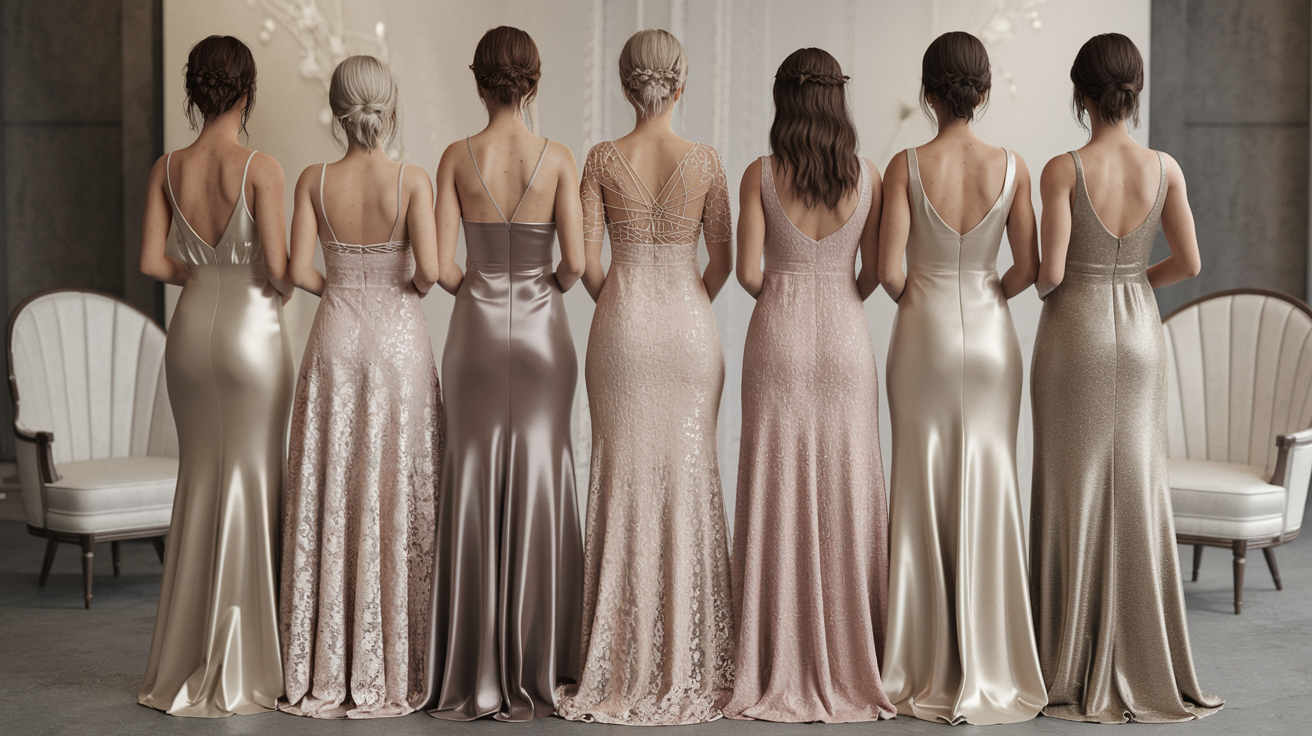 bridesmaids wearing natural tones dresses