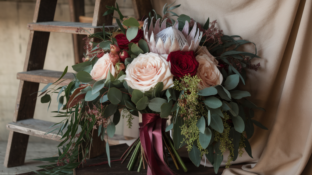 A large, luxurious wedding bouquet with oversized garden roses, king protea, eucalyptus, and trailing greenery, with pops of deep red and pink hues to complement the bold size.