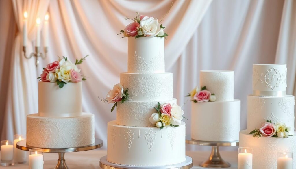 A collection of elegant three-tiered white wedding cakes adorned with delicate lace patterns, fresh flowers, and subtle metallic accents, set against a soft, romantic background of draped silk and soft candlelight.