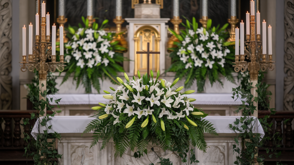 grand church altar with lush floral arrangements featuring white lilies, green ferns, and cascading ivy. Tall gold candelabras with glowing candles flank the altar, while a simple cross stands at the center, creating a peaceful and sacred atmosphere