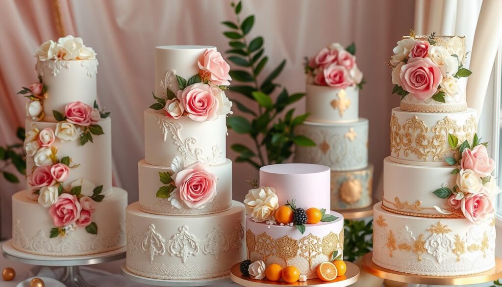 A collection of elegant wedding cake decorations featuring intricate floral designs, delicate sugar lace, shimmering metallic accents, and seasonal fruits; each cake is tiered and artistically adorned with pastel colors and gold leaf