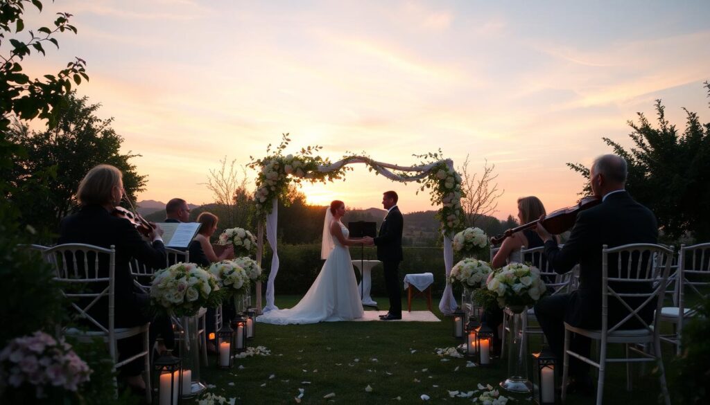 A serene outdoor wedding ceremony setting, adorned with delicate floral arrangements and softly glowing lanterns, with musicians playing gentle melodies on string instruments, surrounded by a dreamy sunset sky