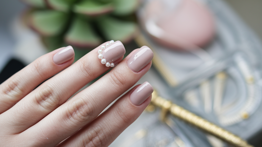 Simple nude nails with tiny pearls delicately placed along the cuticles, creating an understated yet striking effect.