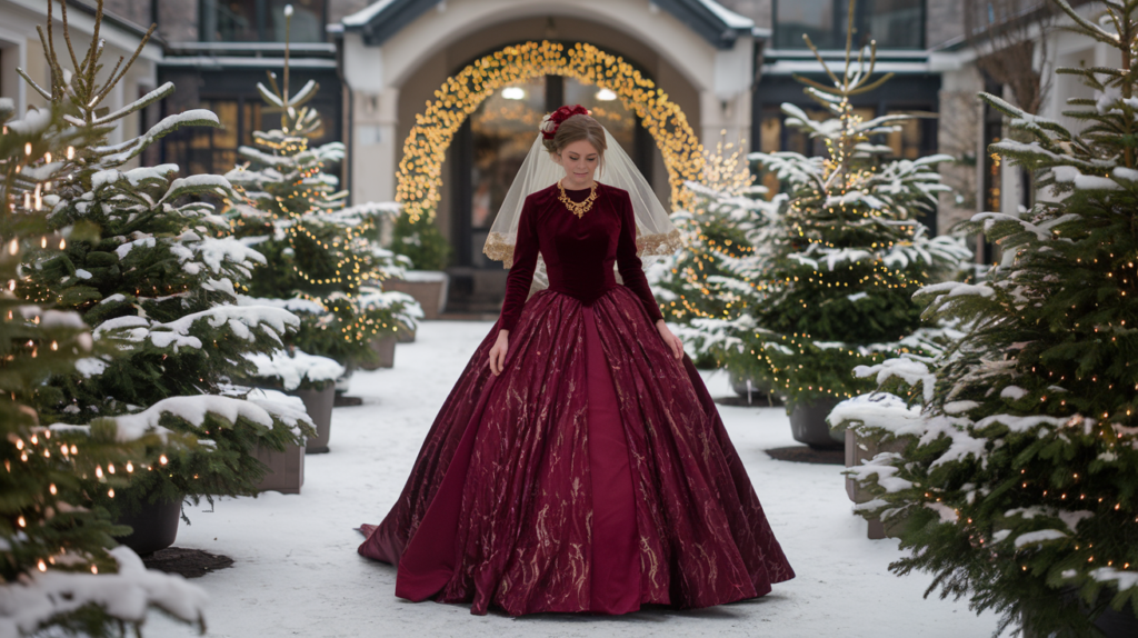 A bride in a deep red ball gown, adorned with gold accents, walking through a snow-dusted courtyard surrounded by Christmas trees.