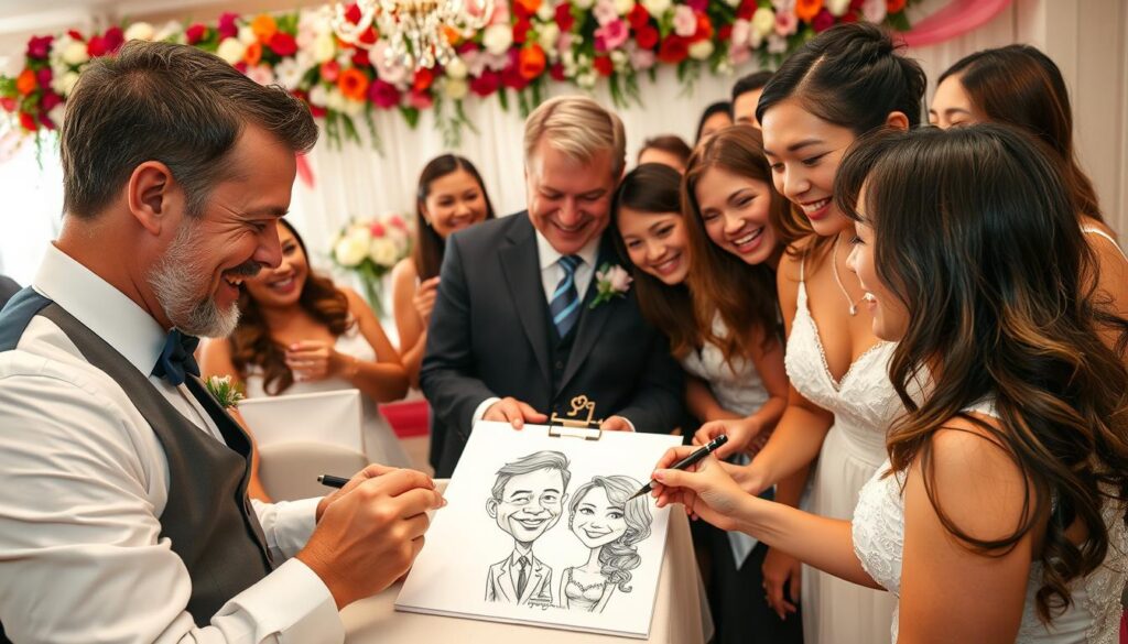 Wedding caricature artist drawing guests