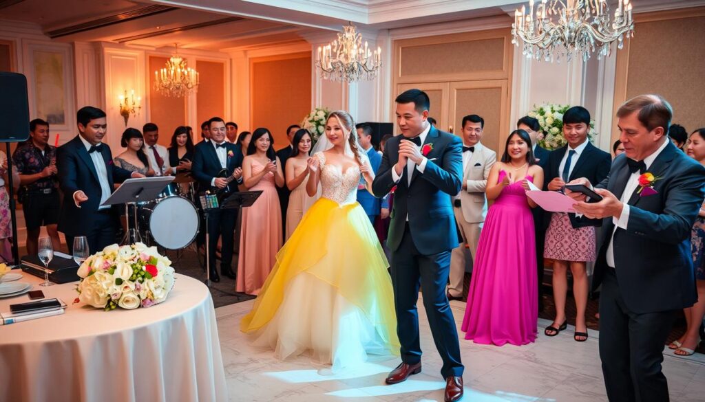 Wedding vendors performing at a wedding reception