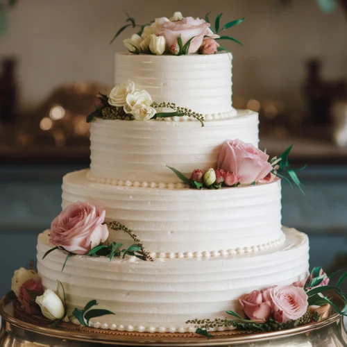 beautiful wedding cake with pink roses and icing beads