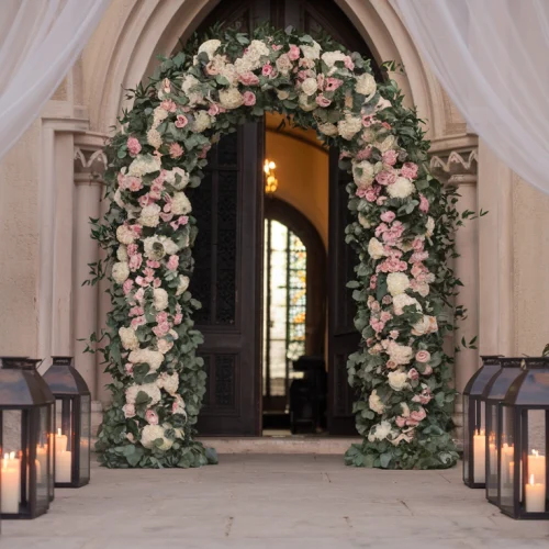 The outside of a church decorated with church wedding decorations