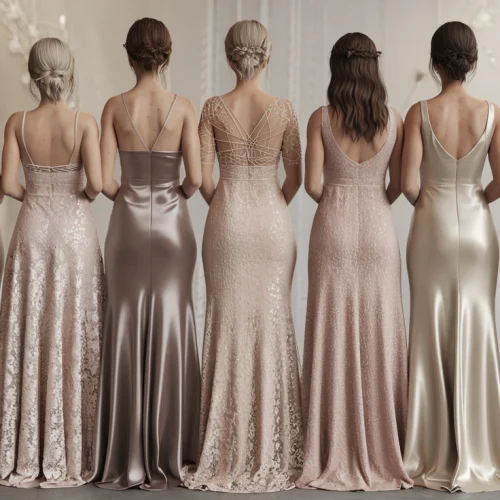 bridesmaids wearing natural tones dresses